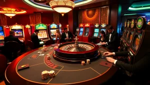 KJC.ac enhances gambling excitement with a high-stakes casino scene featuring roulette and slots.