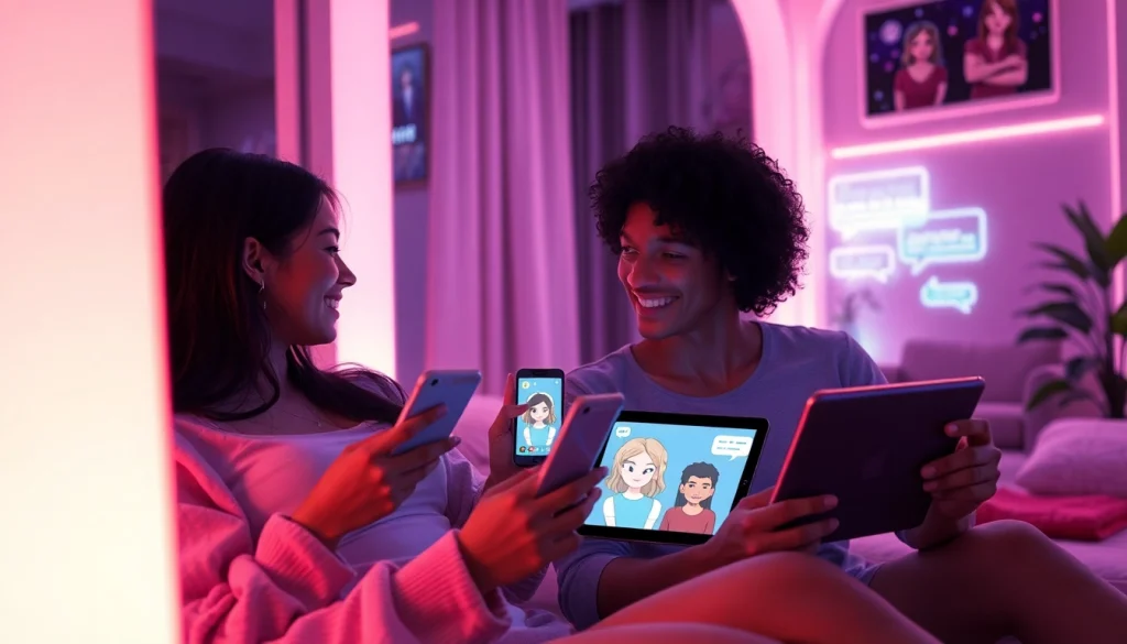 Engaging scene of users interacting with an nsfw ai chatbot on various devices in a cozy setting.