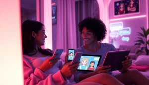 Engaging scene of users interacting with an nsfw ai chatbot on various devices in a cozy setting.