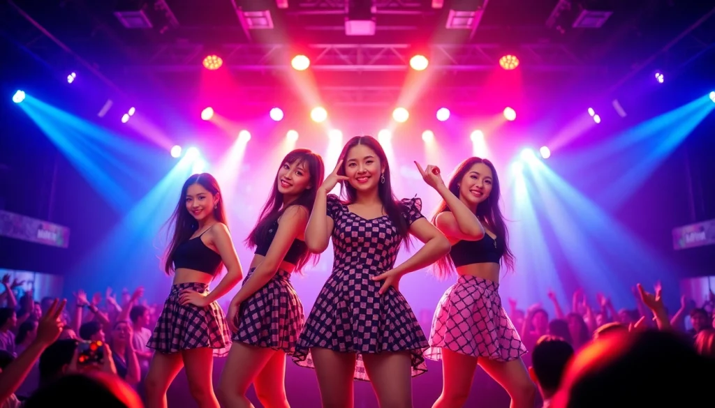 Energetic performance of Blackpink members Jisoo, Jennie, Rosé, and Lisa at a concert.