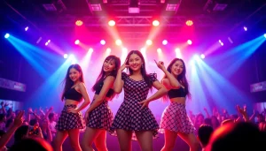 Energetic performance of Blackpink members Jisoo, Jennie, Rosé, and Lisa at a concert.