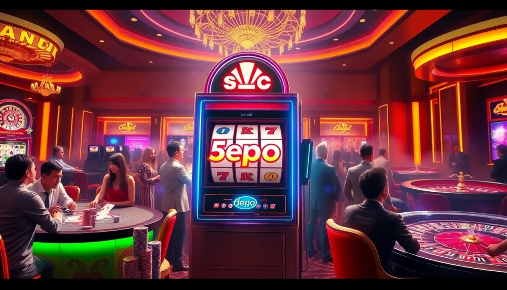 Engaging players at a vibrant casino slot machine for slot depo 5rb gaming action.