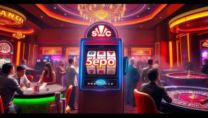 Engaging players at a vibrant casino slot machine for slot depo 5rb gaming action.