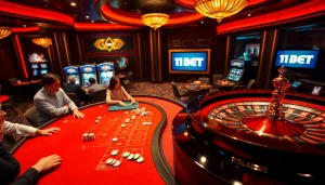 Exciting casino scene with blackjack and roulette featuring 11BET branding for online gambling.