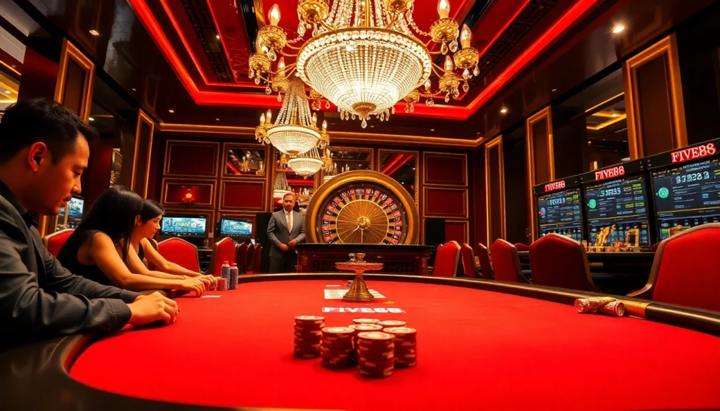 FIVE88 casino enthusiasts engaging at a luxurious poker table with vibrant chips and cards.