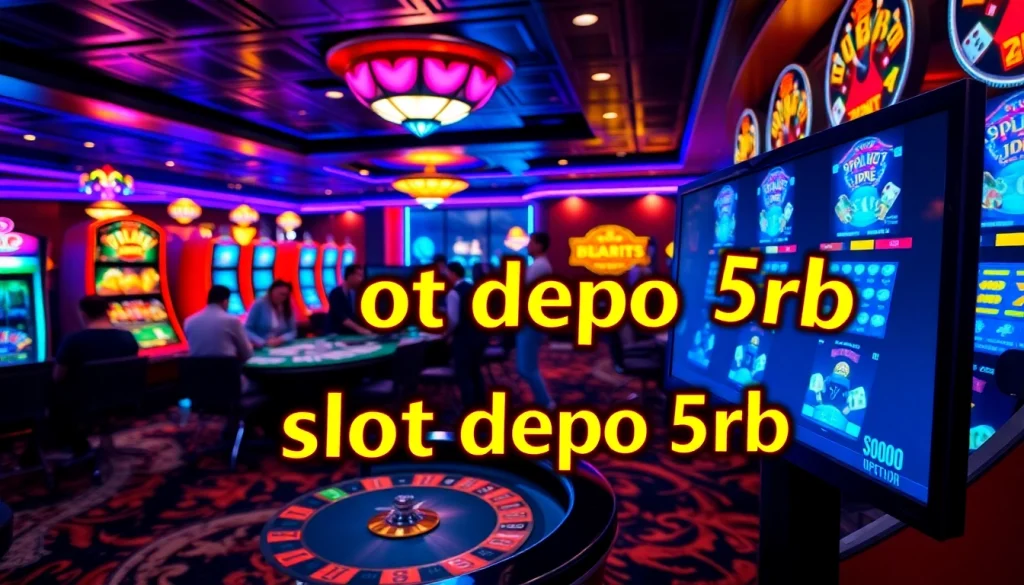 Pemain menikmati mesin slot yang ditandai sebagai permainan Slot Depo 5rb, dikelilingi oleh suasana kasino yang semarak.