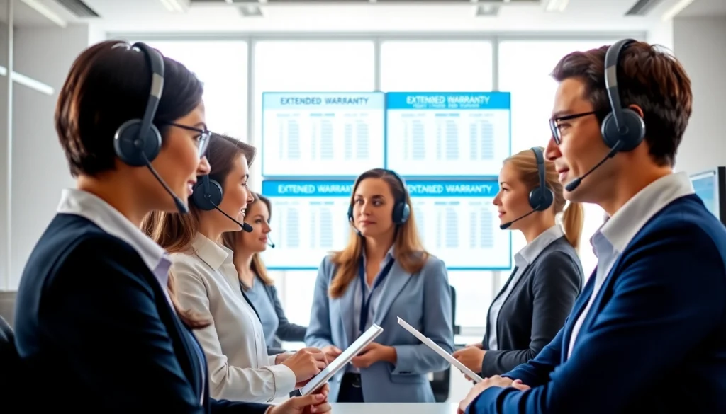 Interactive session showing diverse professionals discussing extended warranty solutions in an office environment.