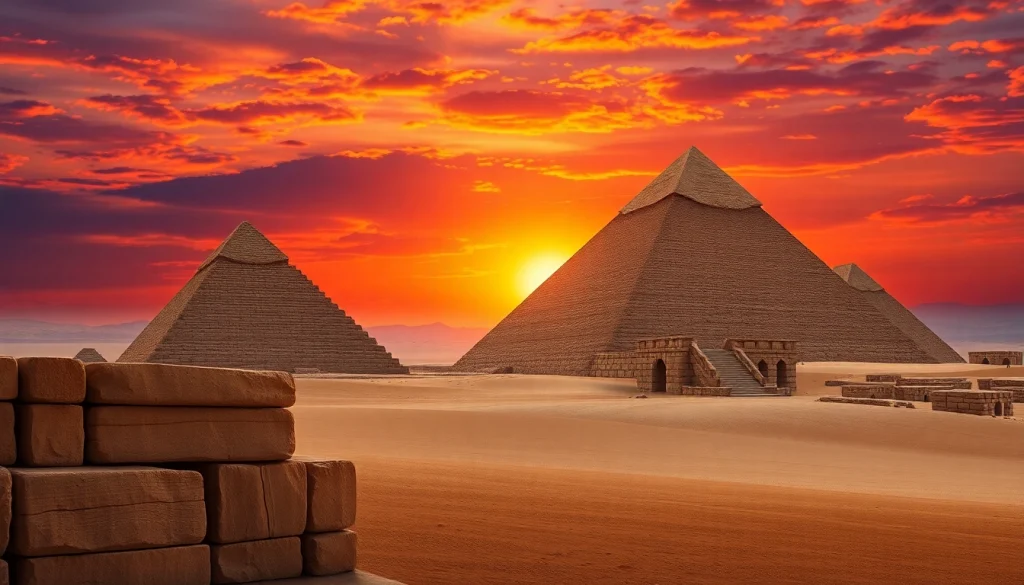 Engaging view of the piraminds at sunset, showcasing the Great Pyramid with vibrant colors.