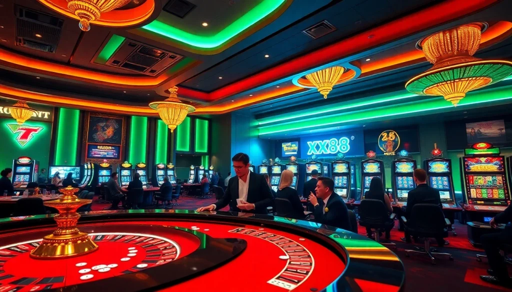 Players enjoying a thrilling experience at xx88 casino with roulette, chips, and vibrant slot machines.