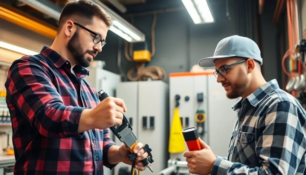 Electrician apprenticeship Hawaii with an instructor teaching hands-on electrical skills in a bright workshop.