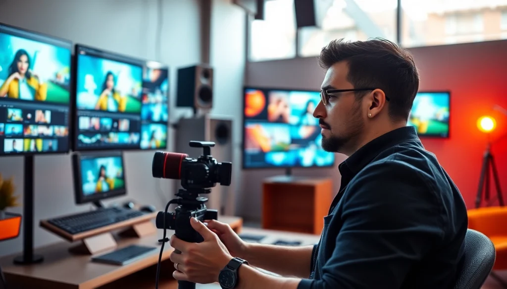 Implement effective video content strategy with a videographer editing video content in a modern studio.