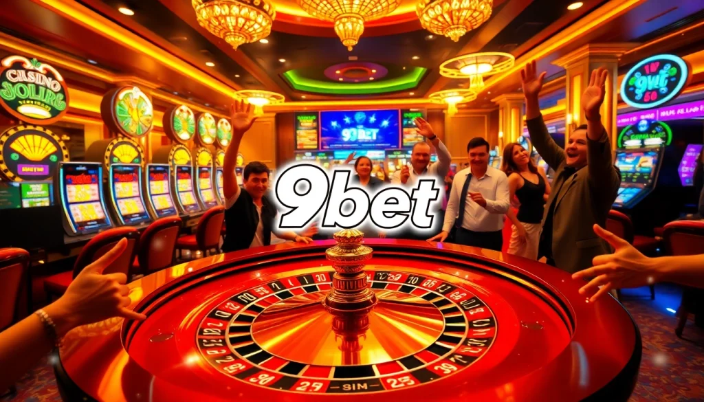 Excited players winning at a luxurious 9bet casino roulette table, vibrant atmosphere.
