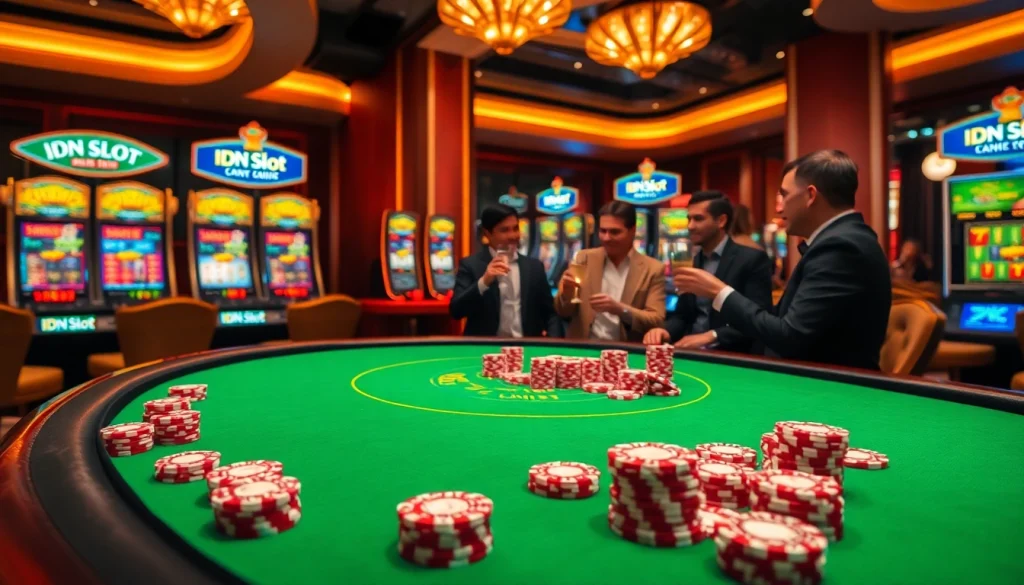 Engaged players enjoying an exciting IDNslot casino experience at a luxurious poker table.