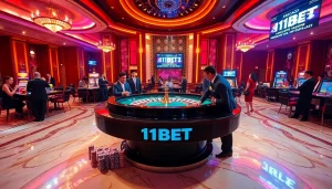 Experience the excitement of wagering at 11BET's luxurious casino with live gaming action and vibrant atmosphere.