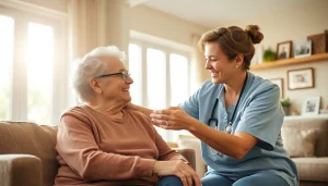 Engaging moment between austin senior home care provider and client in a vibrant living room.