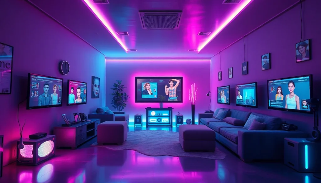 Engaging NSFW chat AI atmosphere with digital screens and plush seating.