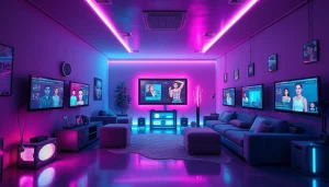 Engaging NSFW chat AI atmosphere with digital screens and plush seating.