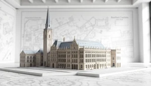 Architekturmodellbau Aachen: Detailliertes Modell von Aachens Wahrzeichen in professioneller Studioatmosphäre.