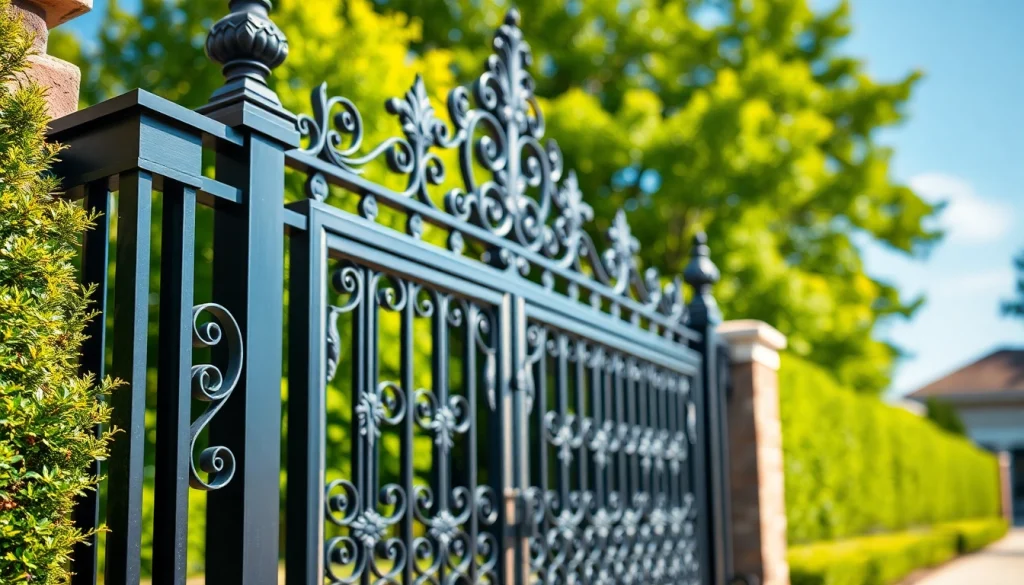Custom steel gates featuring ornate designs in a beautiful garden setting.