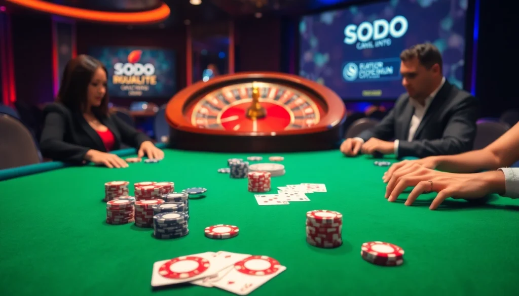 SODO Casino table with poker players engaged in a thrilling game, showcasing luxury and excitement.