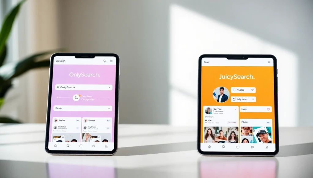 Comparative analysis of OnlySearch vs JuicySearch showing mobile-friendly designs and search features.
