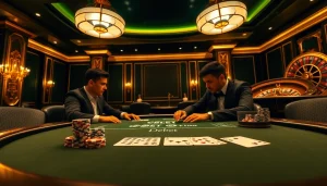 Debet players competing in a high-stakes poker game with chips and cards.
