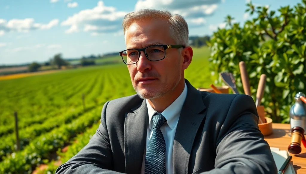 Agricultural law attorney advising farmers in a vibrant outdoor setting