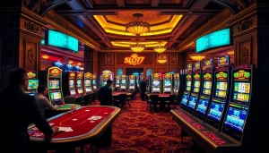 Experience the excitement of slot777 with vibrant machines and lively players at a luxury casino.