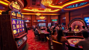 Experience the excitement of slot online hari ini with vibrant casino visuals featuring popular slot machines.