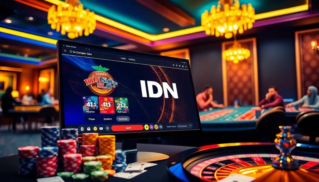 Experience idnslot gaming excitement with vibrant chips, cards, and a roulette wheel.