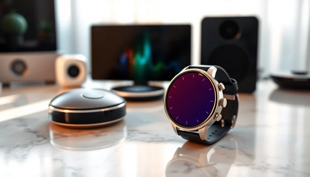 Showcasing the Finesse Smart Watch with modern gadgets in a bright, sophisticated setting.