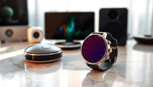 Showcasing the Finesse Smart Watch with modern gadgets in a bright, sophisticated setting.