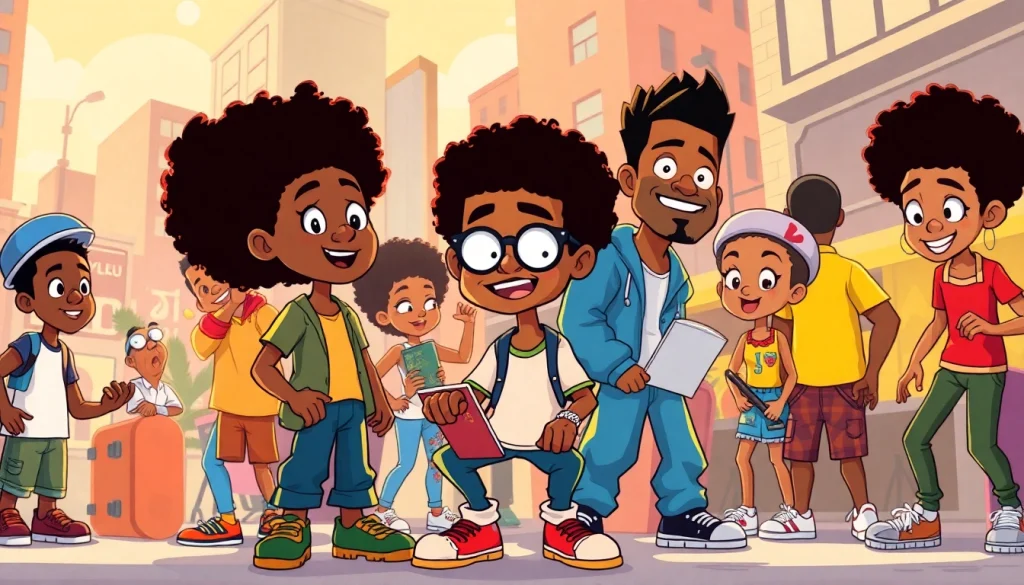 A lively illustration of African American cartoons featuring characters from "The Boondocks," "The Proud Family," and more, celebrating cultural diversity.