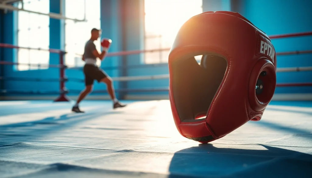Boxing headgear placed prominently in a gym, showcasing its quality and design.
