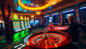 Scène engageante mettant en avant le meilleur casino en ligne 2026 avec des machines à sous vibrantes et de la roulette.