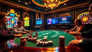 Vivez l'excitation du casino en ligne France avec des joueurs à une table de poker luxueuse.