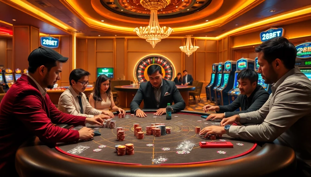 Players at a luxurious poker table enjoying 28BET casino gaming experience