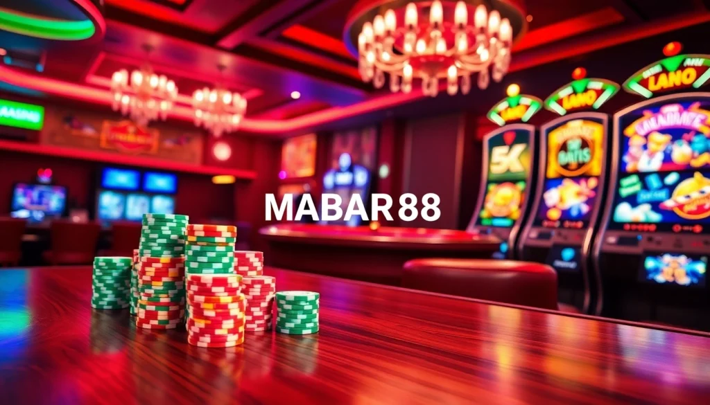 Kasino online MABAR88 menampilkan mesin slot yang penuh warna dan chip poker untuk pengalaman bermain yang imersif.