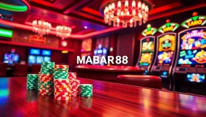 Kasino online MABAR88 menampilkan mesin slot yang penuh warna dan chip poker untuk pengalaman bermain yang imersif.