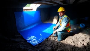 Vapor Barrier Installation being expertly completed in a crawl space by a technician.