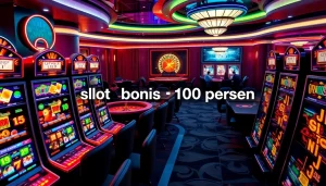 Rasakan sensasi slot bonus 100 persen dalam suasana kasino yang hidup dipenuhi mesin slot berwarna-warni dan roda roulette.
