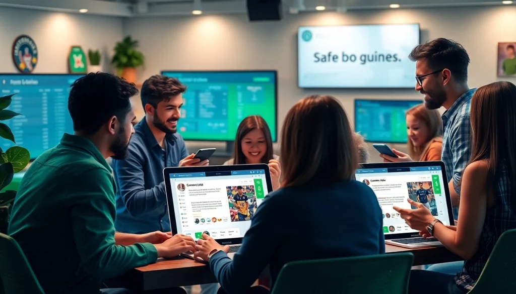 Engaged online community users discussing safe betting practices on 토토스토리, showcasing modern technology and collaboration.