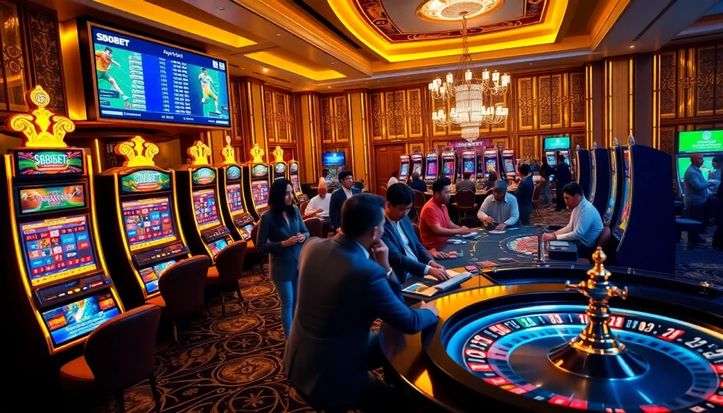 SBOBET link alternatif showcasing exciting online betting features, with lively casino tables and vibrant gambling elements.