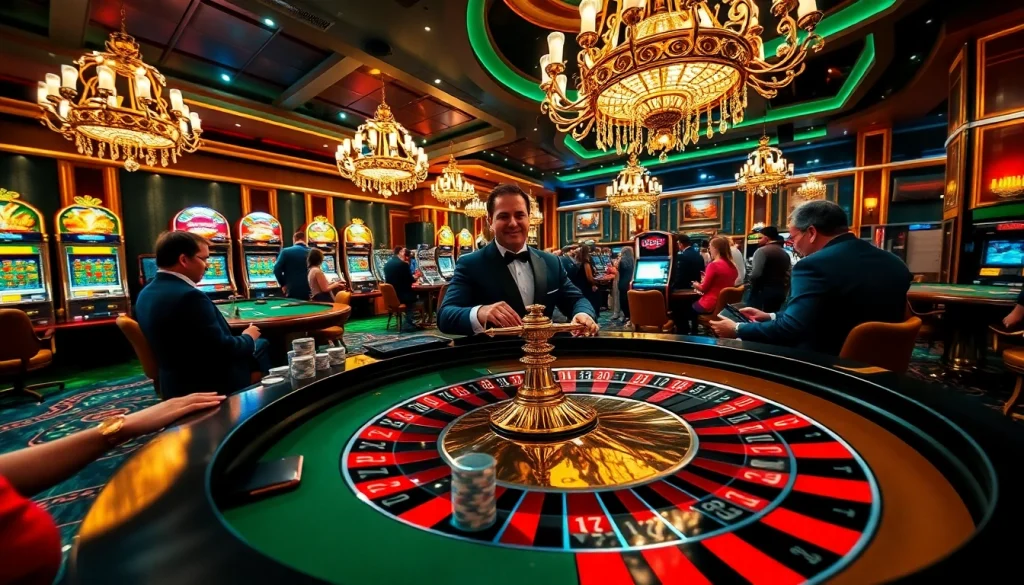Scène engageante de casino en ligne France avec des joueurs à la roulette, des jetons et des cartes.