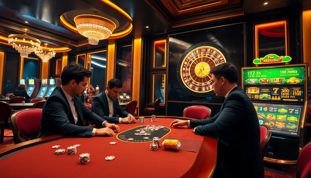 Joueurs engagés en train de stratégiquement jouer à une table de poker dans un cadre de casino en ligne Français luxueux.